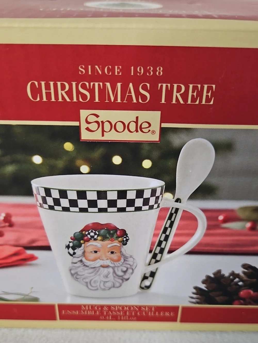 Spode Christmas Tree Santa Mug & Spoon Set - Red, Black, White
